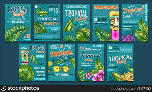 Tropical Leaves And Seaweeds Poster Set Vector. Green Plant Leaves And Idol, Sunglasses And Flowers On Different Advertising Party Banners. Templates Collection Designed In Vintage Style Illustrations. Tropical Leaves And Seaweeds Poster Set Vector