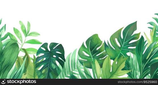 Tropical leaves border in watercolor style. Vector illustration desing.