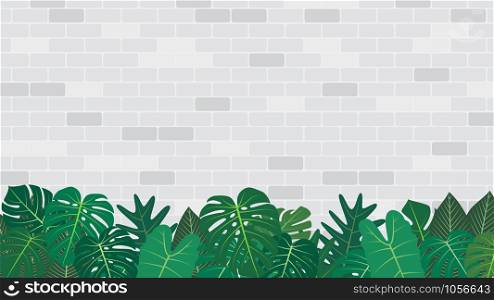 Tropical leaves decoration on white brick wall background - Vector illustration