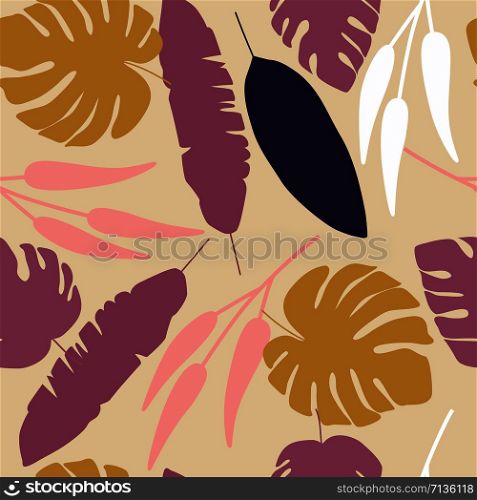 Tropical leaves endless wallpaper. Jungle leaf seamless pattern. Printing, textile, fabric, fashion, interior, wrapping paper concept. Contemporary vector illustration. Tropical leaves endless wallpaper. Jungle leaf seamless pattern.