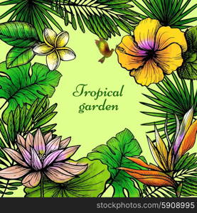 Tropical leaves frame with hand drawn exotic flowers and birds vector illustration. Tropical Leaves Frame