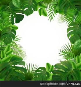 Tropical leaves palm branch realistic transparent frame composition with empty circle space surrounded by green leaves vector illustration