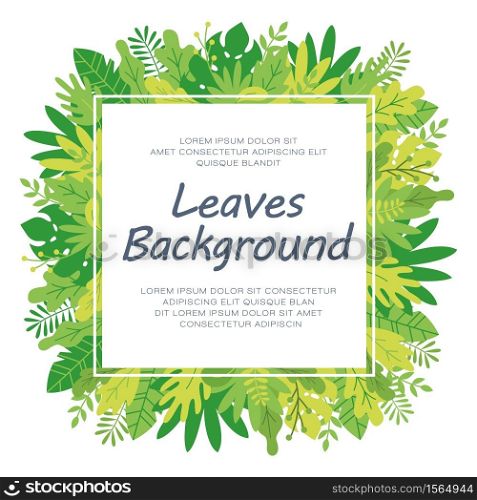 Tropical leaves, plants and herbs background in madern flat style. Frame template for cards, posters, banners