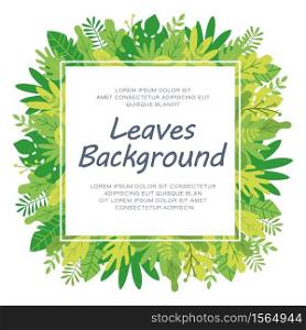 Tropical leaves, plants and herbs background in madern flat style. Frame template for cards, posters, banners