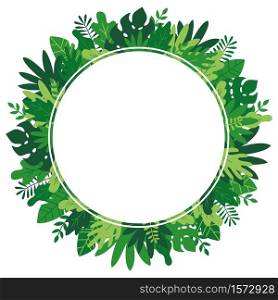 Tropical leaves, plants and herbs round frame in madern flat style. Frame template for cards, posters, banners, invitation