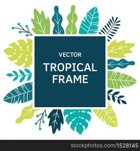Tropical leaves, plants and herbs square frame in madern flat style. Frame template for cards, posters, banners
