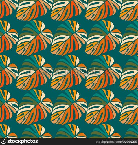 Tropical leaves seamless pattern. Monstera leaf background. Modern exotic jungle plants endless wallpaper. Hawaiian backdrop. Rainforest floral background. Vector illustration. Tropical leaves seamless pattern. Monstera leaf background.