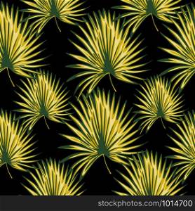 Tropical leaves seamless pattern on black background. Modern exotic plant wallpaper. Palm leaves pattern, botanical background. Trendy fabric design. Vector illustration. Monstera leaves seamless pattern on black background. Modern exotic plant wallpaper.