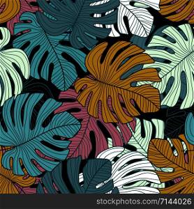 Tropical leaves seamless pattern on black background. Monstera leaf botanical backdrop. Trendy design for printing, textile, fabric, fashion, interior, wrapping paper. Vector illustration. Tropical leaves seamless pattern on black background.