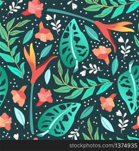 Tropical leaves seamless pattern. Summer vector background
