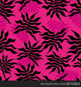 Tropical leaves silhouette seamless pattern. Trendy minimal flat Matiss style design. Hand drawn vector illustration on magenta background. Texture for packing, print, fabric, textile, wallpaper