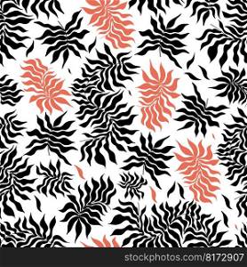 Tropical leaves silhouette seamless pattern. Trendy minimal flat memphis Matiss style design. Hand drawn vector illustration on transparent background. Texture for packing, print, fabric, textile