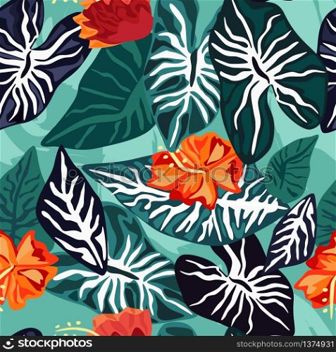 Tropical leaves with hibiscus flower seamless pattern. Summer vector background