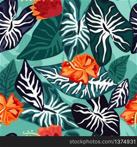 Tropical leaves with hibiscus flower seamless pattern. Summer vector background