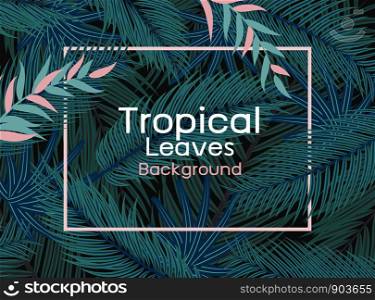 Tropical leaves with pink line frame on black background vector illustration
