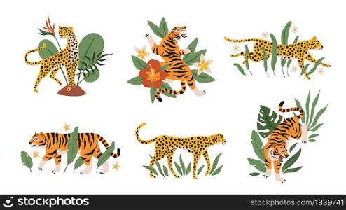 Tropical leaves with tigers, leopards and jaguars. Beautiful mini compositions with wild animals and exotic plants and flowers decor elements. Safari and zoo mammals vector modern cartoon isolated set. Tropical leaves with tigers, leopards and jaguars. Beautiful mini compositions with wild animals and exotic plants and flowers decor elements. Safari and zoo mammals vector isolated set
