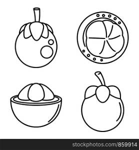 Tropical mangosteen icons set. Outline set of tropical mangosteen vector icons for web design isolated on white background. Tropical mangosteen icons set, outline style