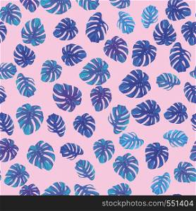 Tropical monstera leaves in blue tone seamless pattern on the pink background. Trendy vector illustration