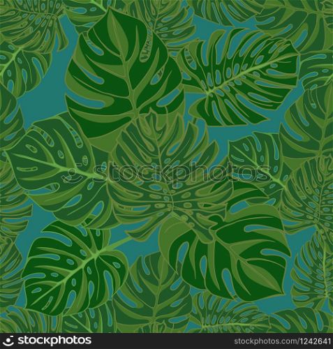 Tropical monstera leaves. realistic drawing in vintage style. Seamless background. Vector illustration. Tropical monstera leaves. realistic drawing in vintage style. Seamless background.