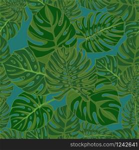 Tropical monstera leaves. realistic drawing in vintage style. Seamless background. Vector illustration. Tropical monstera leaves. realistic drawing in vintage style. Seamless background.