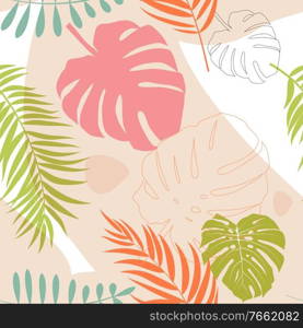 Tropical Monstera Palm leaves trendy seamless pattern background. Vector illustration. EPS10. Tropical Monstera Palm leaves trendy seamless pattern background. Vector illustration.