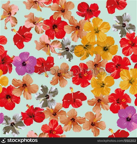 Tropical multicolor flowers hibiscus pattern seamless light blue background