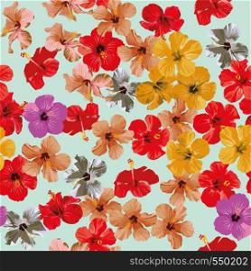 Tropical multicolor flowers hibiscus pattern seamless light blue background