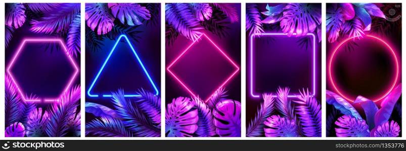 Tropical neon frames. Bright glowing leaves, cyber floral frame and leafs in neon lights vector background set. Neon frame tropical, palm leaf poster illustration. Tropical neon frames. Bright glowing leaves, cyber floral frame and leafs in neon lights vector background set
