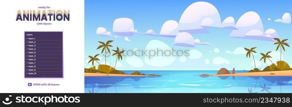 Tropical ocean beach with palm trees. Vector parallax background ready for 2d animation with cartoon seascape, summer landscape with sea lagoon and sand shore. Parallax background with ocean beach landscape