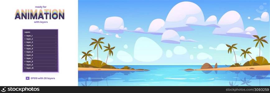 Tropical ocean beach with palm trees. Vector parallax background ready for 2d animation with cartoon seascape, summer landscape with sea lagoon and sand shore. Parallax background with ocean beach landscape