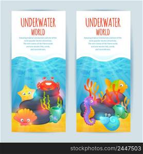 Tropical oceanarium funny sea animals vertical banners set with crab seaweeds and starfish abstract isolated vector illustration