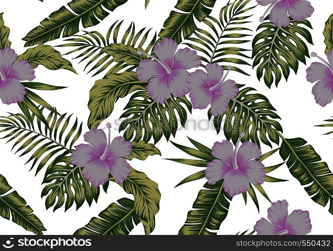 Tropical palm banana leaves and light violet hibiscus flowers seamless vector pattern on the white background