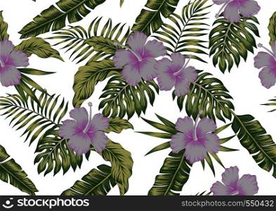 Tropical palm banana leaves and light violet hibiscus flowers seamless vector pattern on the white background