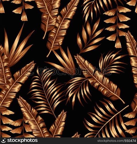 Tropical palm banana leaves of golden color seamless vector pattern on the black background