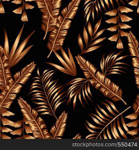 Tropical palm banana leaves of golden color seamless vector pattern on the black background