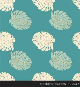 Tropical palm foliage seamless pattern with doodle pink monstera leaf shapes. Turquoise background. Decorative backdrop for fabric design, textile print, wrapping, cover. Vector illustration.. Tropical palm foliage seamless pattern with doodle pink monstera leaf shapes. Turquoise background.