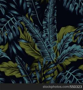 Tropical palm green leaves seamless pattern dark blue background. Vector tropic illustration