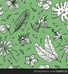Tropical palm leaf seamless pattern background. Vector botanical sketch backdrop print design of exotic paradise leaf and flower plants on green summer tropic pattern. Tropical palm leaf seamless pattern background.