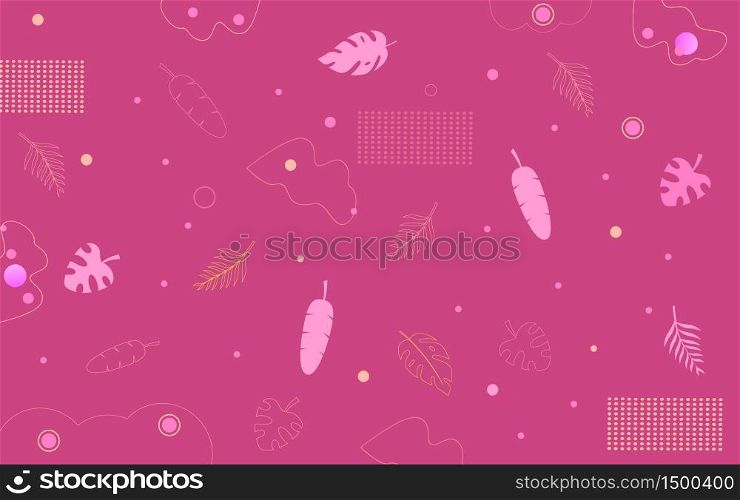 Tropical palm leaves and floral exotic background with feathers in pink style. Abstract, trendy, dot and flower natural wallpaper, summer botanical banner vector for web. landing page, flyer. Tropical palm leaves and floral exotic background with feathers in pink style.