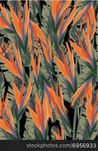 Tropical Palm Leaves and Flowers Background. Exotic Texture. Floral Wallpaper