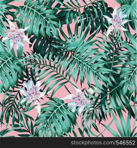 Tropical palm leaves and flowers trendy beach seamless pattern pink background