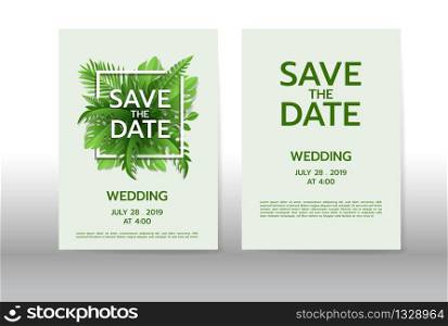 Tropical palm leaves background. Invitation or card design with jungle leaves. Vector illustration in trendy style.