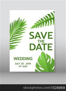 Tropical palm leaves background. Invitation or card design with jungle leaves. Vector illustration in trendy style.