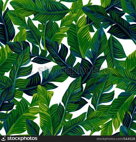 Tropical palm leaves seamless pattern vector background. Exotic beach art print on the white background