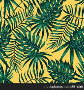 Tropical palm, monstera, fern leaves blue tone on the yellow background. Seamless vector pattern