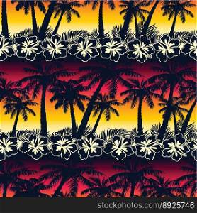 Tropical palm tree at sunset with hibiscus flowers vector image