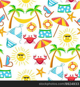 Tropical palm tree with hammock, marine flora and fauna seamless pattern. Crab and sun, seastar and lifebuoy. Male and female swimming suit. Funny summertime characters vacation, vector in flat. Summer holidays, tropical flora and fauna with clothes