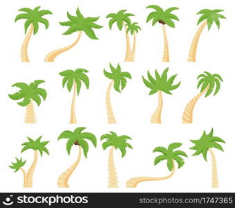 Tropical palms. Green floral palm tree, exotic coconut palm. Exotic hawaiian green palm tree isolated vector illustration set. Tree palm floral, summer exotic tropical plant. Tropical palms. Green floral palm tree, exotic coconut palm. Exotic hawaiian green palm tree isolated vector illustration set