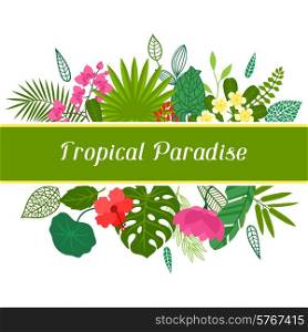 Tropical paradise card with stylized leaves and flowers.