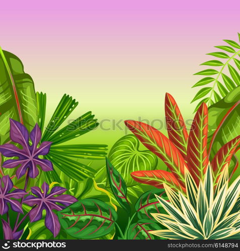 Tropical paradise card with stylized plants and leaves. Image for advertising booklets, banners, flayers.